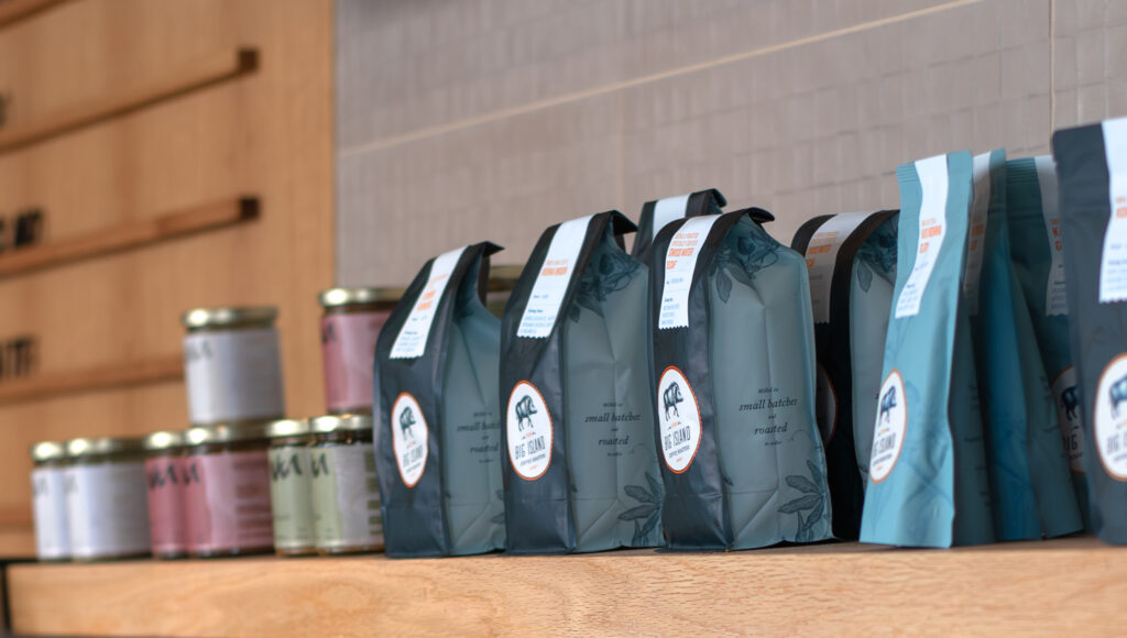 Coffee bags on a shelf